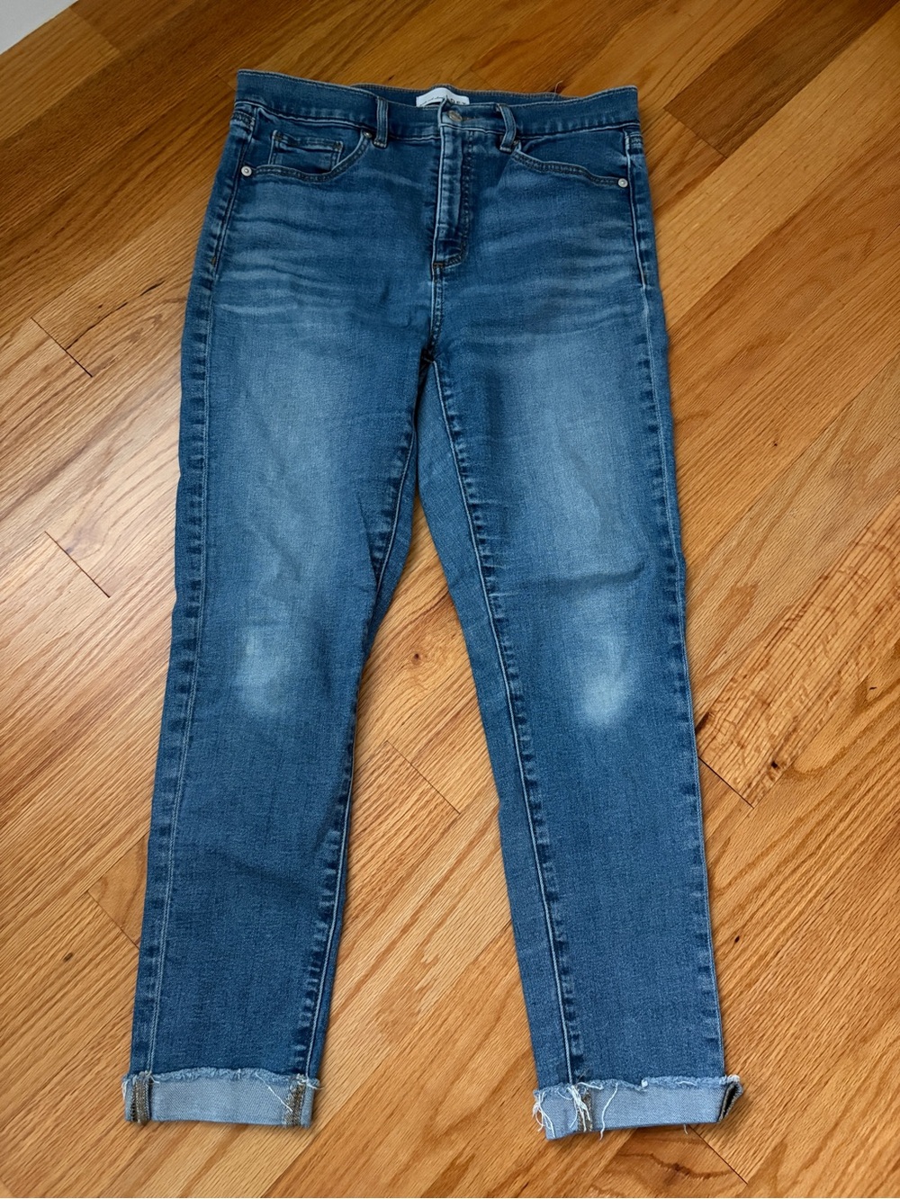 LOFT Mid-Blue Cropped Skinny Jeans with Cuffed Hem